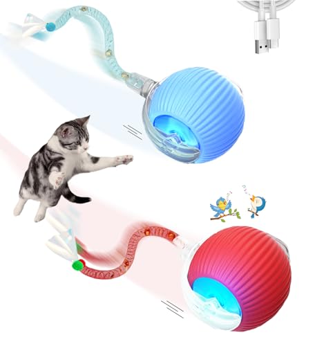 Fuijeuj 2 Pcs Interactive Cat Toys for Indoor Cats,Kitten Toys with Chirping & Motion Activate,Interactive Cat Toy for Bored Indoor Adult Cats,Red and Blue