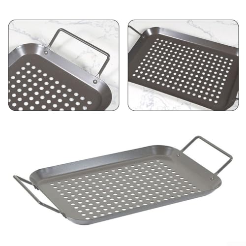 Padella per barbecue per verdure, pesce e frutti di mare, 34,5 x 18,5 cm, in acciaio inox, con manico resistente al calore, compatibile