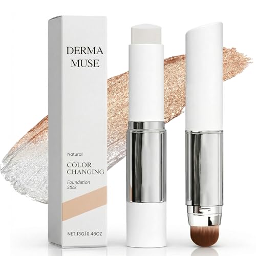 Derma Muse Korean Color Changing Foundation, Skintle Foundation 2 in 1 Color Changing Foundation Stick, Concealer Foundation Sticks for Dewy Skin, Dual-Ended with Detachable Brush, Natural (1PCS)