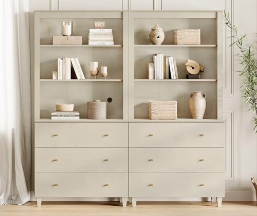 Image of WAMPAT Tall Bookcases with 6 Drawers, 2 Column 3-Tier Beige Wood Bookshelf with Adjustable Open Shelf, 71 inch Wide Modern Display Bookshelves for Home Office, Living Room, Bedroom
