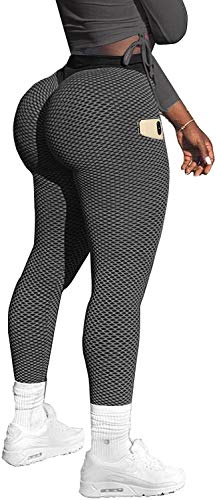 Memoryee Damen Honeycomb Leggings mit Taschen Slim Fit Hohe Taille Sporthose Lange Workout Kontrolle Gym Yogahosen/#2 Black/L Cover