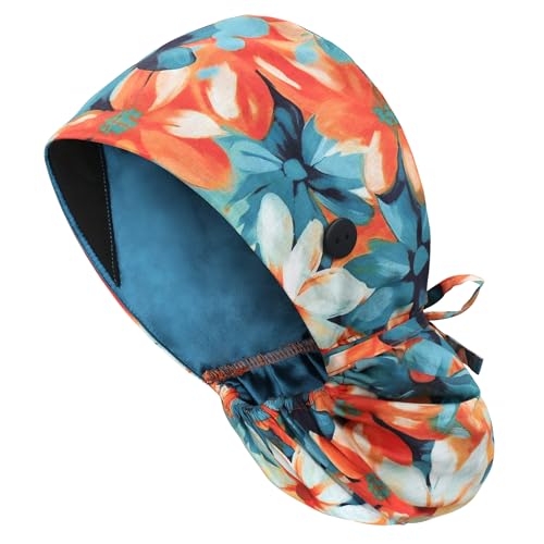 Satin Lined Scrub Cap for Women, Bouffant Nurse Cap with Sweatband and Buttons, Adjustable Surgical Hat for Curly Hair, Braids, Long Hair and Buns, Azure Bloom