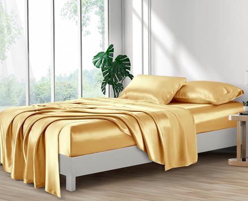 Image of Lanest Housing Silk Satin Sheets, Full Size Satin Bed Sheet Set with Deep Pockets, Cooling Soft and Hypoallergenic Satin Sheets Full - Yellow