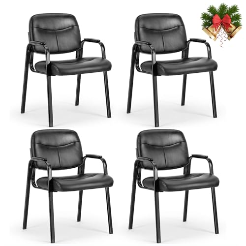 Guest Reception Chair - Waiting Room Chair Set of 4 with Fixed PU Leather Padded Armrest, Clinic Chairs with Lumbar Support,Office Desk Chairs without Wheels for Restaurant, Library, Barber Store