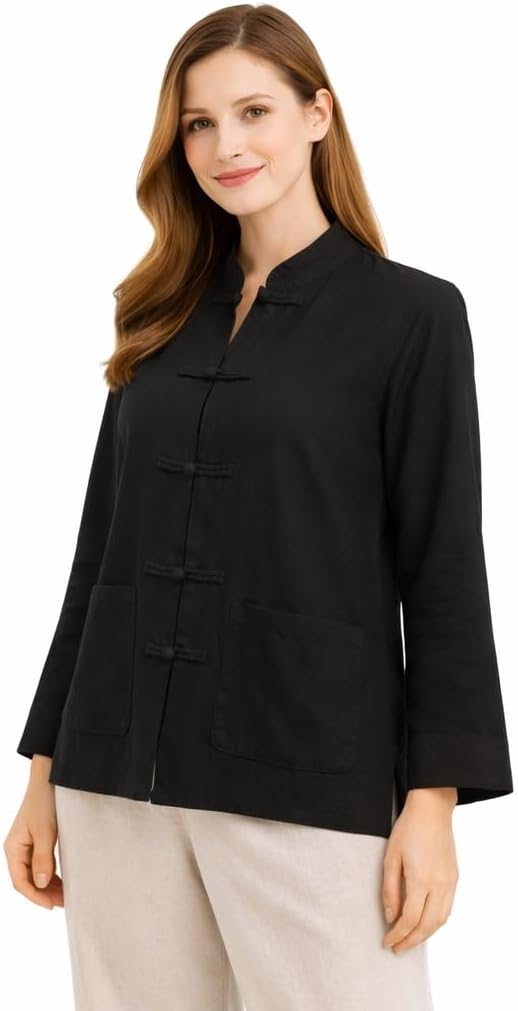 Lazutom Women's Cotton Linen Frog Button Mandarin Collar Top Chinese Martial Arts Kung Fu Tai Chi Shirt Tunic