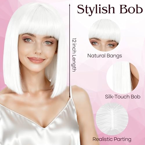 Image of PLULON White Bob Wig with Bangs, Short Straight Bob Wig with Heart Sunglasses 12 Inch Shoulder Length Heat Resistant Synthetic Hair for Women Natural Look Daily Use Cosplay Halloween Costume Party