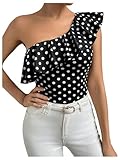 MakeMeChic Women's Polka Dots One Shoulder Blouse Sleeveless Ruffle Trim Blouses Top Black and White Small