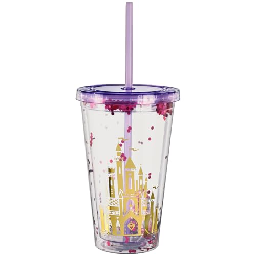 Disney Princess Glitter Confetti Plastic Party Cup with Straw & Lid - 16 oz. | Clear | 1 Pc.
