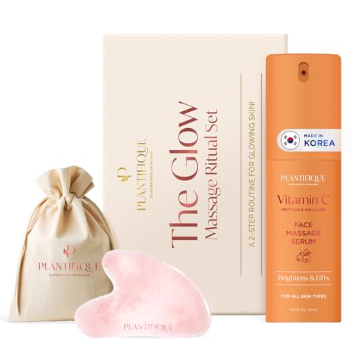 PLANTIFIQUE Set Cadeau Rituel de Massage : Gua Sha Quartz Rose 100% Authentique Massager Visage Relaxant + Sérum Visage Antirides et Antimacules avec Vitamine C,...