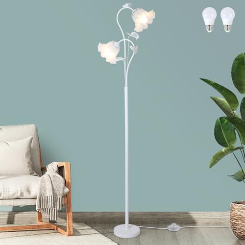 Image of HMVPL White Flower Standing Lamp, Floral Tall Lamp with 2 LED 5W Blubs, Foot Switch, Modern Corner Floor Lamp with Acrylic Shade, Antique Lotus Flower Floor Lamp for Living Room Office Reading