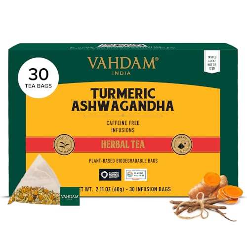 VAHDAM Turmeric Ashwagandha Herbal Tea Bags (30 Count) Caffeine Free Non GMO Gluten Free | 100% Pure Herbal Blend - Sweet & Earthy | Individually Wrapped Pyramid Tea Bags | Direct from Source