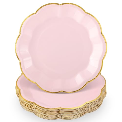 Image of NatNarr 30 Pcs Pink Plates with Gold Trim 9 Inch Pink and Gold Party Plates Scalloped Dinner Plate Disposable for Baby Shower, Wedding, Birthday, Bridal shower