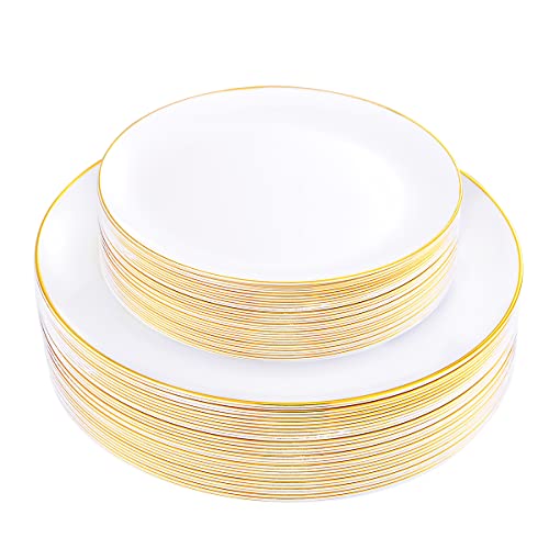 KIRE 60PCS Gold Plastic Plates - Thanksgiving Heavy Duty White Disposable Plates with Gold Rim for Party/Wedding- Include 30Pieces 10.25inch Dinner Plate and 30Pcs 7.5inch Dessert Plate