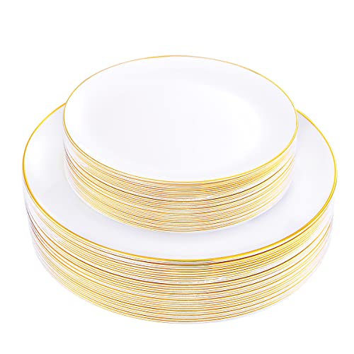 KIRE 60PCS Gold Plastic Plates - Heavy Duty White Disposable Plates with Gold Rim for Party/Wedding - Include 30Pieces 10.25inch Gold Dinner Plates and 30Pcs 7.5inch Gold Plastic Plates