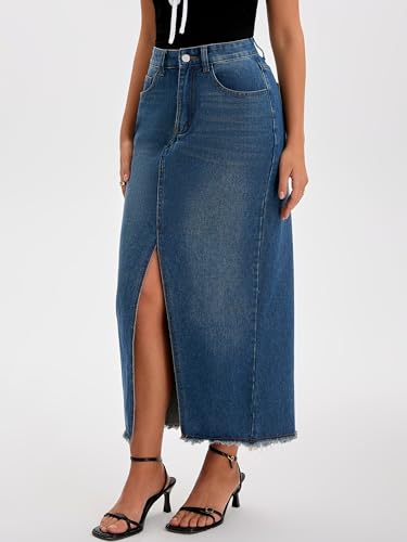 Women's Denim Skirt High Waist Split Front Raw Hem Washed Maxi Jean Skirts2