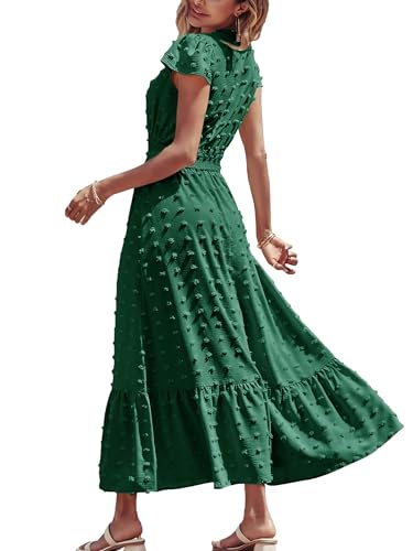 Image of CzzzyL Women Nursing Boho Maxi Dresses Cap Short Sleeve V Neck Swiss Dot High Waisted A-Line Ruffle Tiered with Pockets