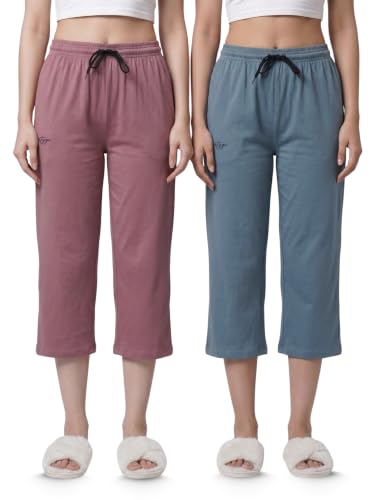 Image of Fflirtygo Women's Cotton Plain Calf Length Capri | Nightwear Short Pyjama | 3 /4th Solid Pyjama Pant | Regular Fit Casual & Lounge Wear Capri Combo (Pack of 2)