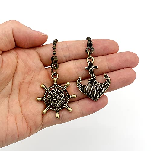 Image of Nautical Ceiling Fan Pull Chain Rudder & Anchor, 2Pcs 12in Bronze Decorative Light & Fan Pendant String Extension, 3mm Beaded Pull Charm Ornament with Connector