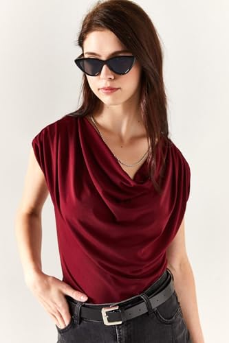 Image of SIGHTBOMB Ultra Soft Afford LUX Edition Draped Cowl Neck FRONTFLOW Gathered Ruched SOFTLINE Sleeveless TOP for Women