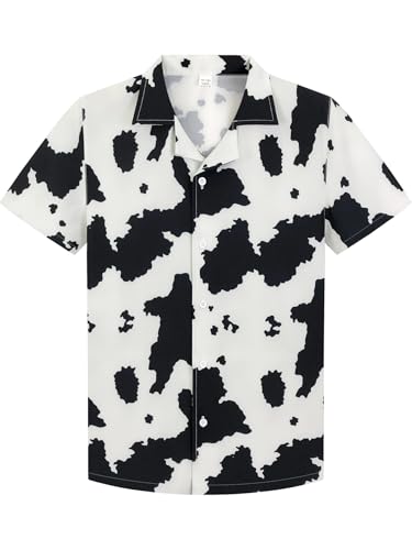Boys Hawaiian Shirt Short Sleeve Button Down Dress Shirt Kids Summer Beach Aloha Top 4-15 Years Cow Print