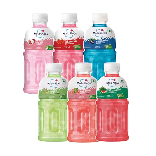 Image of Mogu Mogu Assorted Flavour Juice with Nata de Coco Jelly (Pack of 6), Lychee, Strawberry, Blackcurrant, Melon, Pink Guava & Watermelon, Imported from Thailand