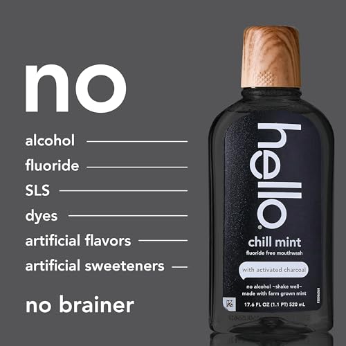 Image of Hello Chill Mint Alcohol Free Mouthwash with Activated Charcoal, 17.6 Fl Oz, Fluoride Free Mouthwash with Farm Grown Mint and Coconut Oil, Vegan, Minty Oral Rinse (Pack of 3)