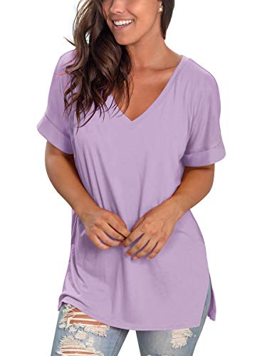 Image of Sampeel Women's V Neck T Shirts Casual Rolled Short Sleeve Side Split Summer Tops Loose Fit