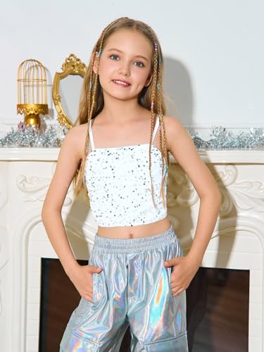 Haloumoning Girls Sequin Tank Tops Kids Sleeveless Spaghetti Strap Crop Cami Camisole Sparkly Dance Blouse 5-14 Years2