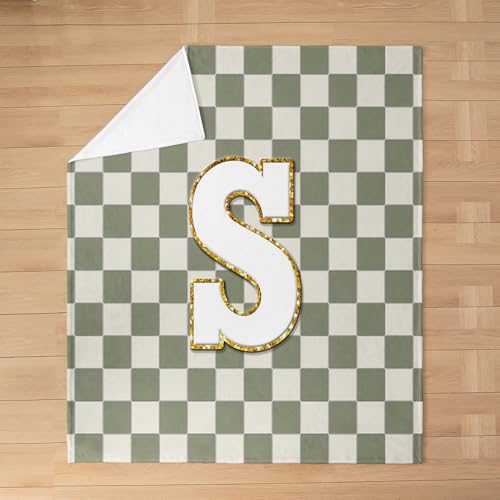 Image of Erosebridal Sage Green Checkered Fleece Blanket Throw 50 inchx60 inch Plaid Initial S Flannel Blanket Personalized Monogram Fuzzy Plush Throw for Kids Boys Girls,Fashion Grids Gingham Decor for Bed Couch