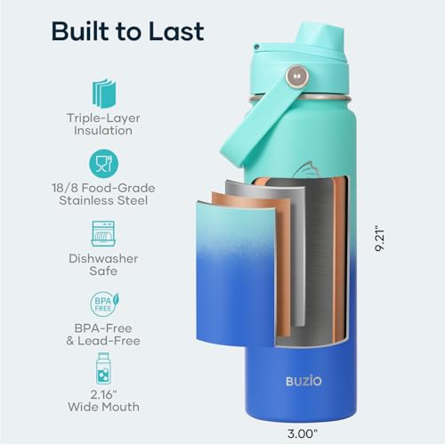 Image of BUZIO 24 oz Insulated Stainless Steel Water Bottle with Straw & Spout Lids
