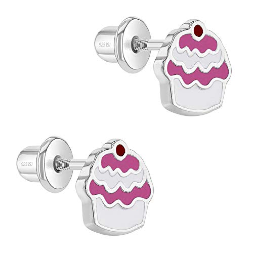 925 Sterling Silver Little Girls Enamel Cupcake Earrings, Screw Back Locking for Toddlers & Young Girls - Fun Screw Back Girl Earrings2