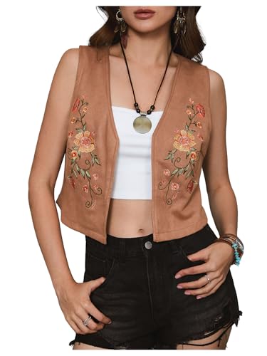 Verdusa Women's Floral Embroidery Open Front Cowgirl Vest Sleeveless Crop Vest Jacket