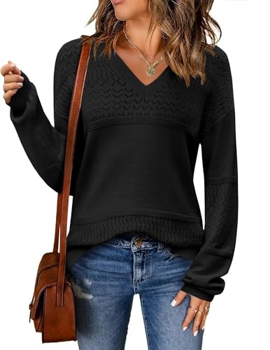 Image of Zeagoo Sweaters for Women Long Sleeve Shirts V Neck Tops Fall Clothes | Womens 2026 Fall Sweaters,Long Sleeve Ribbed Knit Pullover,V Neck Lightweight Tops,Crochet Pullover Sweater,Outfits,Knit Tops