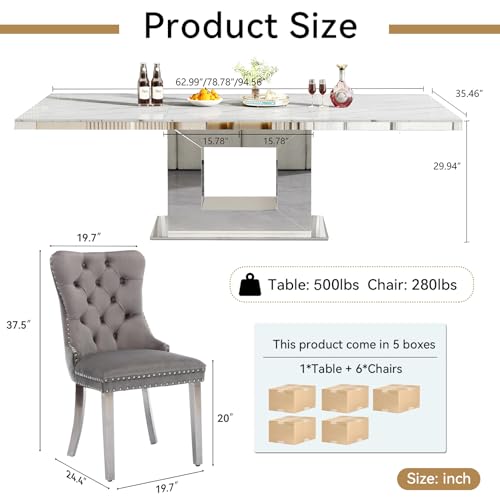 Image of 94 inch Faux Marble Extendable Dining Table Set for 6,Mirrored U Base | 63 inch-94 inch White Marble Expandable Kitchen Table Set with 6 Velvet Chairs,Modern Large Dining Set for 6 Dining Room Gathering