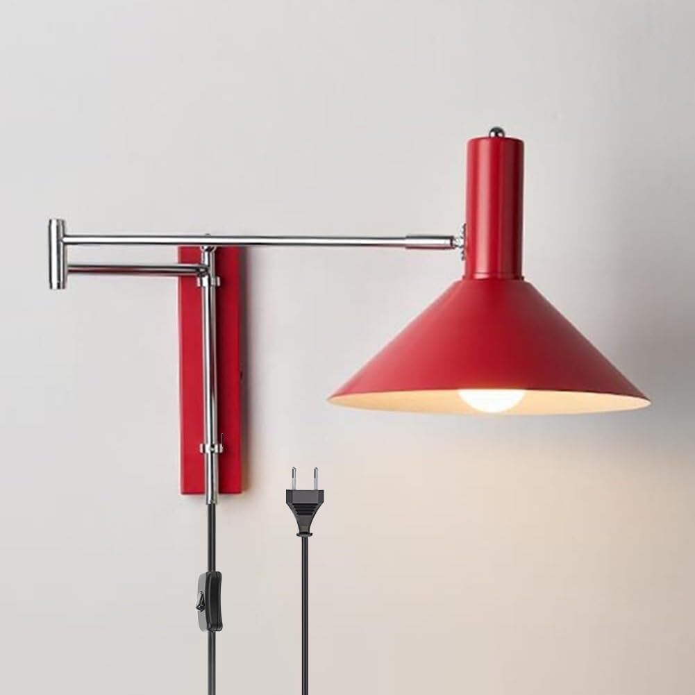 Braccio orientabile Lampada da Parete con Interruttore e cavo Applique da Interno Vintage Illuminazione Industriale da Parete Regolabile Braccio lungo Luce da Lettura da Parete Braccio,Rosso