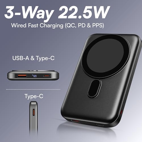 Image of KARWAN Mag-Safe 10000mAh Wireless Powerbank with Digital Display,22.5W Wired & 15W Magnetic Wireless Charging,USB C & USB A Triple Output,Compatible with iPhone 12 & Above Series, Android & Qi Device