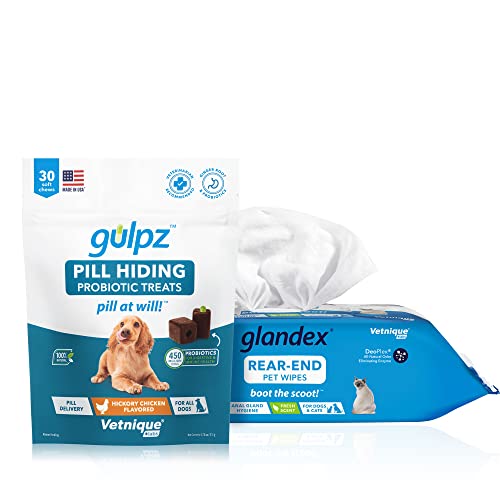 Glandex Vetnique Gulpz Pill Hiding Probiotic Treats For Dogs (30Ct) Anal Gland Hygienic Dog Wipes (100Ct) Bundle #TOP9