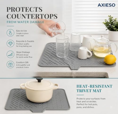 Image of AXIESO Silicone Dish Drying Mat for Kitchen - Built-in Drain Lip | Hygienic Drying Pad - Sturdy Compact Easy to Clean Tray Protects Surfaces Prevents Water Build Up - 40 X 30 Cm (Grey)