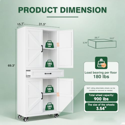 Image of Letaya Metal Garage Storage Cabinets with Wheels,White Rolling Tool Cabinet