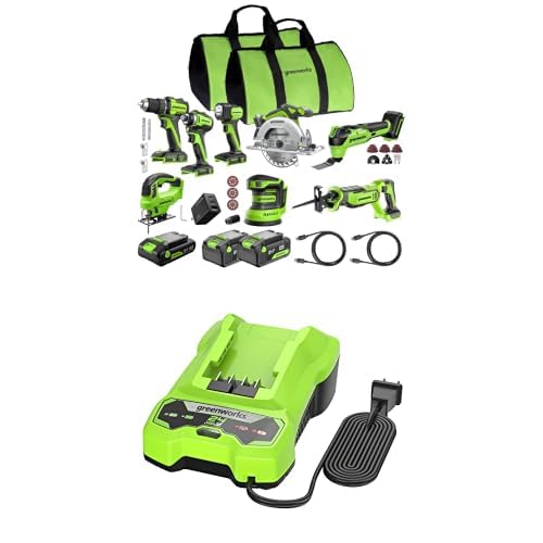 GREENWORKS 24V (8-TOOL) Combo (Drill, Impact Driver, Circular Saw, Reciprocating Saw, Jigsaw, Multi-Tool, Sander, Flashlight), 4.0Ah + (2) 2.0Ah (Power Bank) Batteries, (2) Cables, 65W Rapid Charger