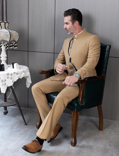 Men's Chinese Tunic Suit 2 Piece Stand Collar Dinner Party Suits Blazer Pant Set4