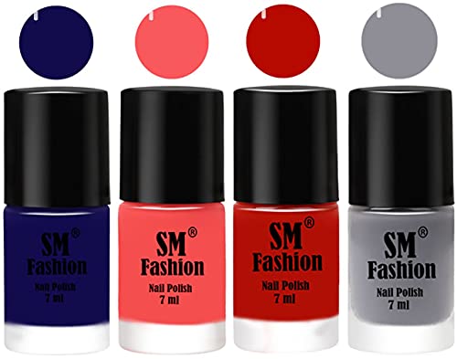 Image of Nail Polish Combo Set (Pack of 4) Quick Dry Gel Finish Nail Paint | Dark Blue,Light Pink,Red Orange,Gray | 7 ml Each