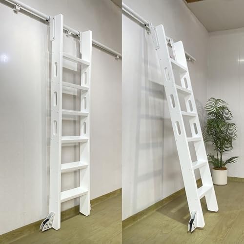 3.3ft-28ft Sliding Library Ladder Hardware Kit, Rustic White Finish, Telescoping Hook & Bottom Brake Roller, 6.6ft Track for Home, Office, or Library Use