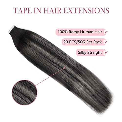 Image of Sixstarhair Black Balayage Tape in Hair Extensions Human Hair Ombre Off Black to Silver with Natural Black Tape in Human Hair Extensions Seamless Skin Weft 20pcs /50g [Color 1BT1B-silver# 20inch]