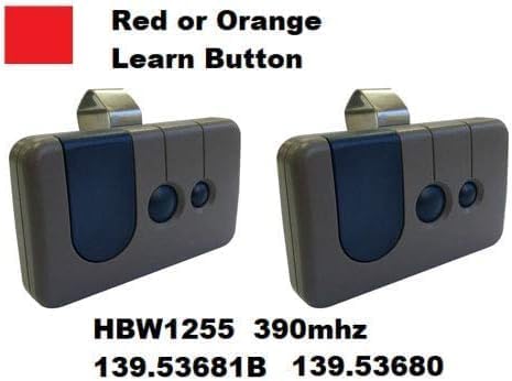 Image showing two garage door remotes and text indicating compatibility with Red or Orange Learn Buttons, HBW1255 390MHz, and model numbers 139.53681B, 139.53680.
