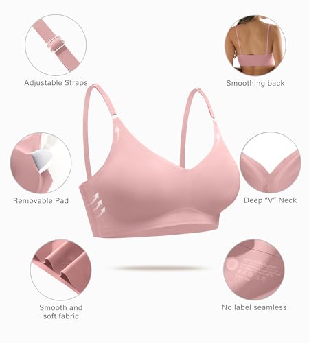 Image of DEANGELMON V Neck Bra Padded Seamless Adjustable Straps Bralettes Everyday Basic Sleeping Bras Multiple Pack