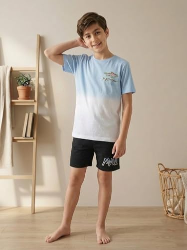 Image of Li'l Tomatoes Boys 100% Cotton Night Suit Set | Half Sleeve T-Shirt & Shorts | Color Block & Typography Print | Soft & Breathable Sleepwear | Casual Summer Wear | 9-16 Years