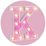 Foaky LED Letter Lights Sign Light Up Pink Letters Glitter Alphabet Letter Sign for Night Light Wedding/Birthday Party Battery Powered Christmas Lamp Girls Gifts Home Bar Decoration（K）