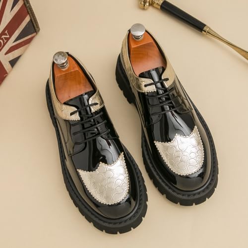 Image of Men's Patent Leather Platform Wingtip Oxford Shoes with Rivets Round Toe Lace Up Lug Sole Brogue Dress Shoes Comfortable Business Work Causal Derby Oxfords