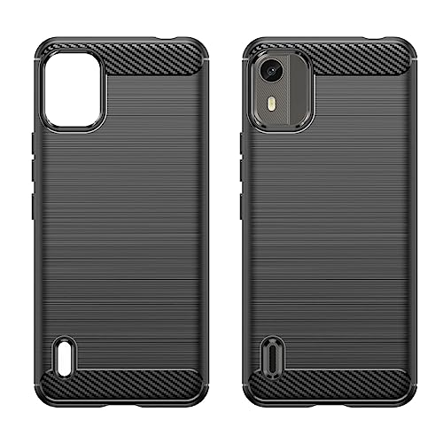 KOARWVC Capa de celular para Nokia C12, Nokia c12 Pro/Nokia C12 Plus com protetores de tela HD, capa traseira de TPU macio à prova de choque de fibra de carbono para Nokia C12 (preto)
